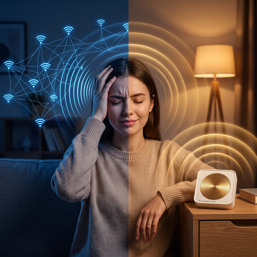 Before and after: digital noise on one side, a calm grounded room with the Schumann on the other