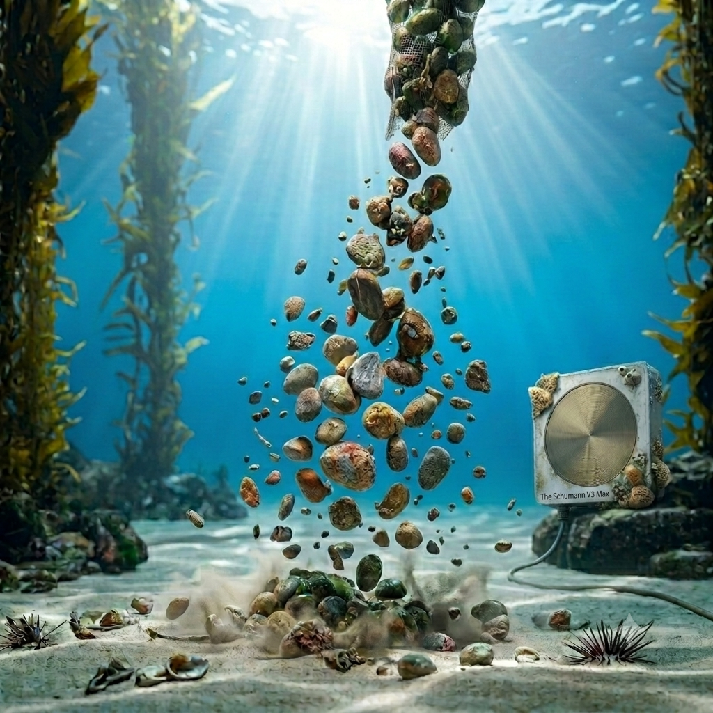 A seeded stone held in a diver's hand