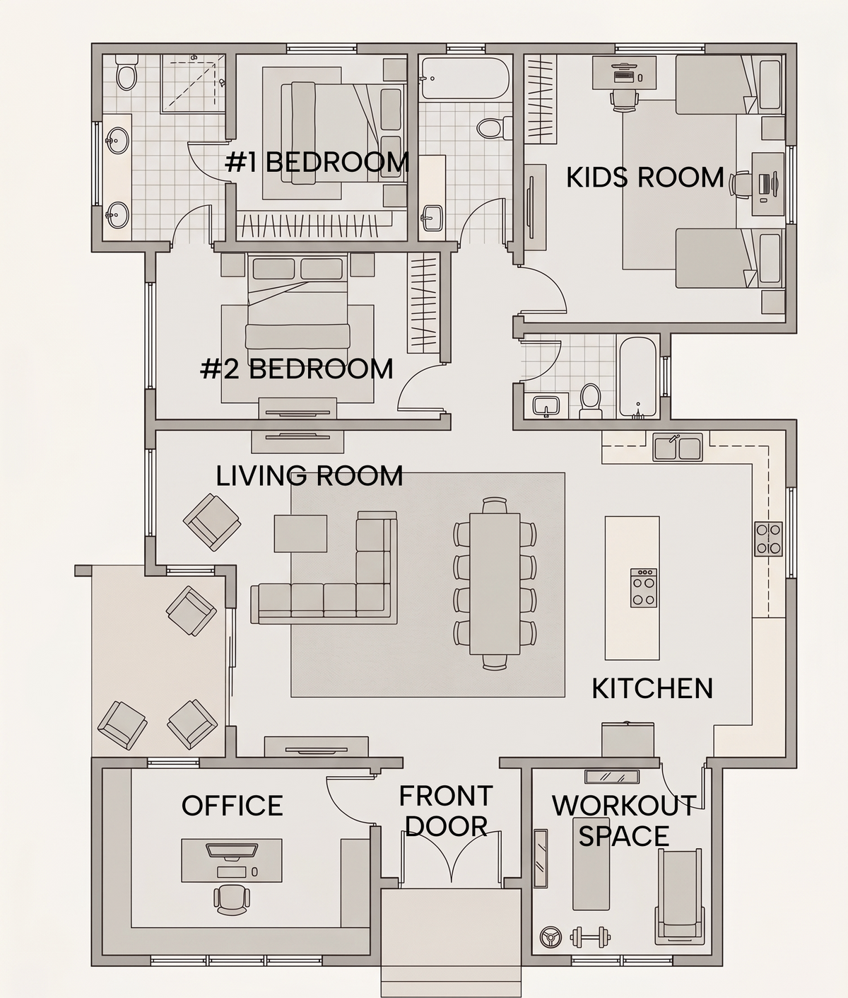 Floor plan of a home with two bedrooms, a kids room, a living room, a kitchen, an office, a workout space and a front door