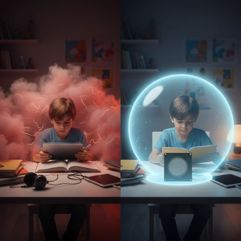 A device-filled family home in the evening