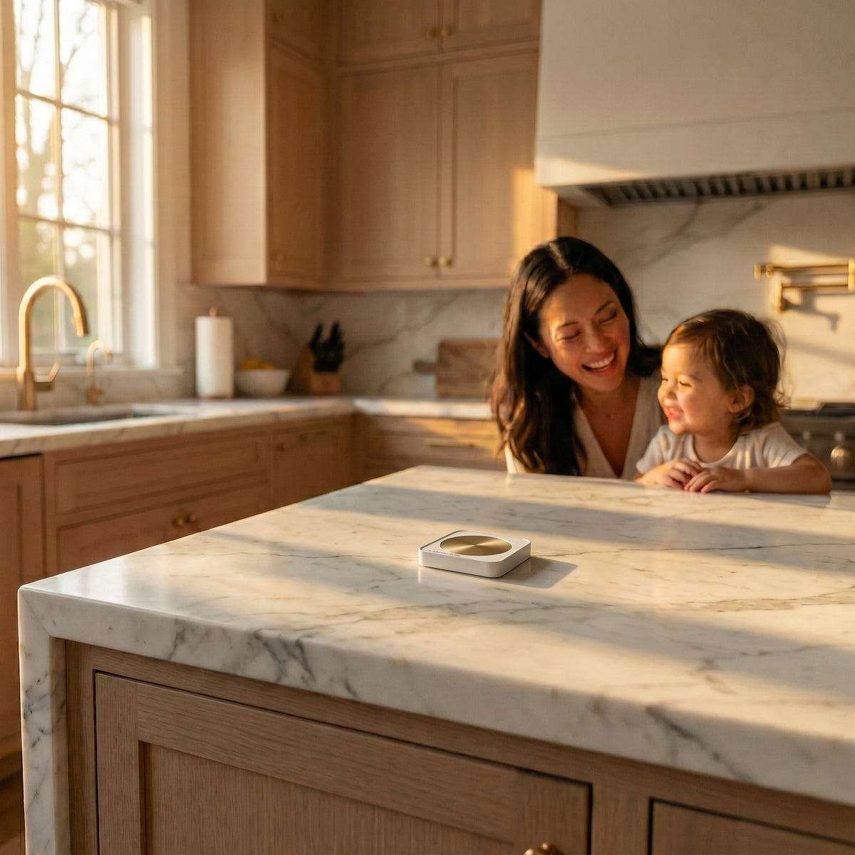 A mother and child in a sunlit kitchen with the Schumann on the counter