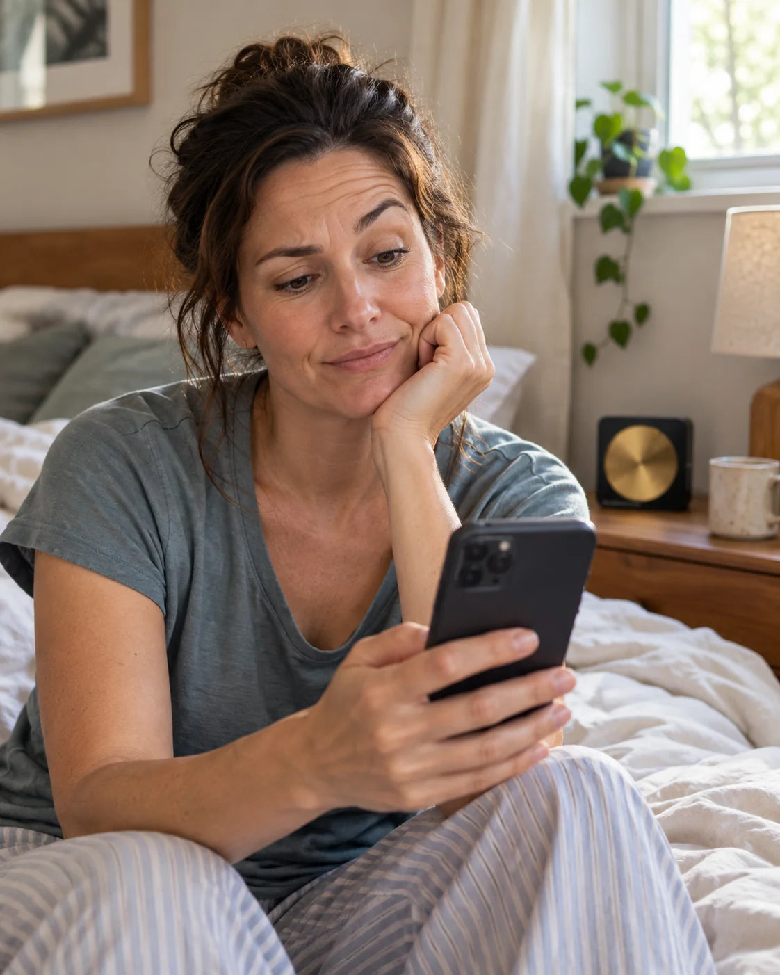 Editorial illustration of a woman reading skeptically in her bedroom