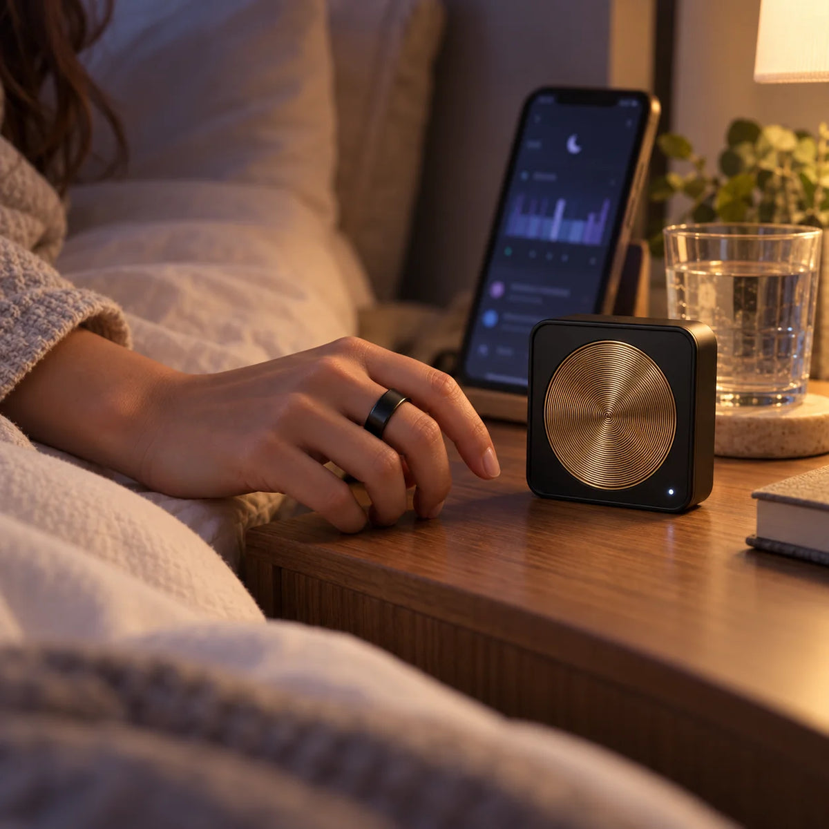 Editorial illustration of a smart ring and V3 Max used together at the bedside