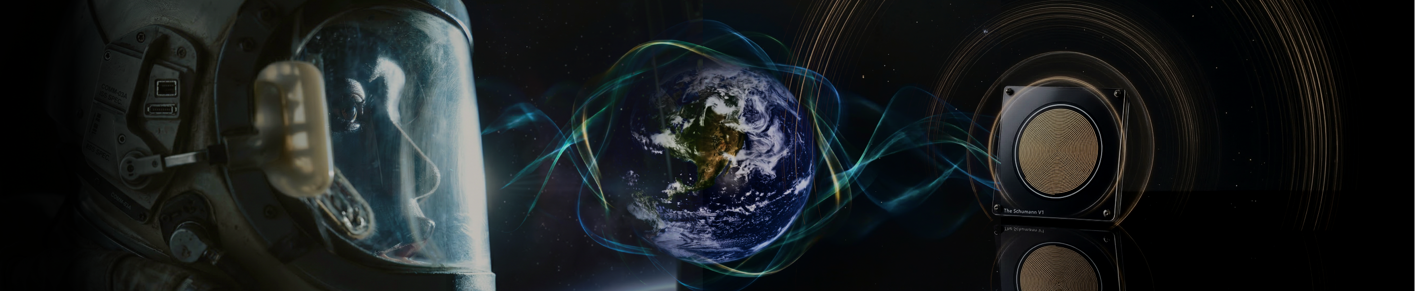 Astronaut, Earth wrapped in the Schumann resonance field, and The Schumann V1 device