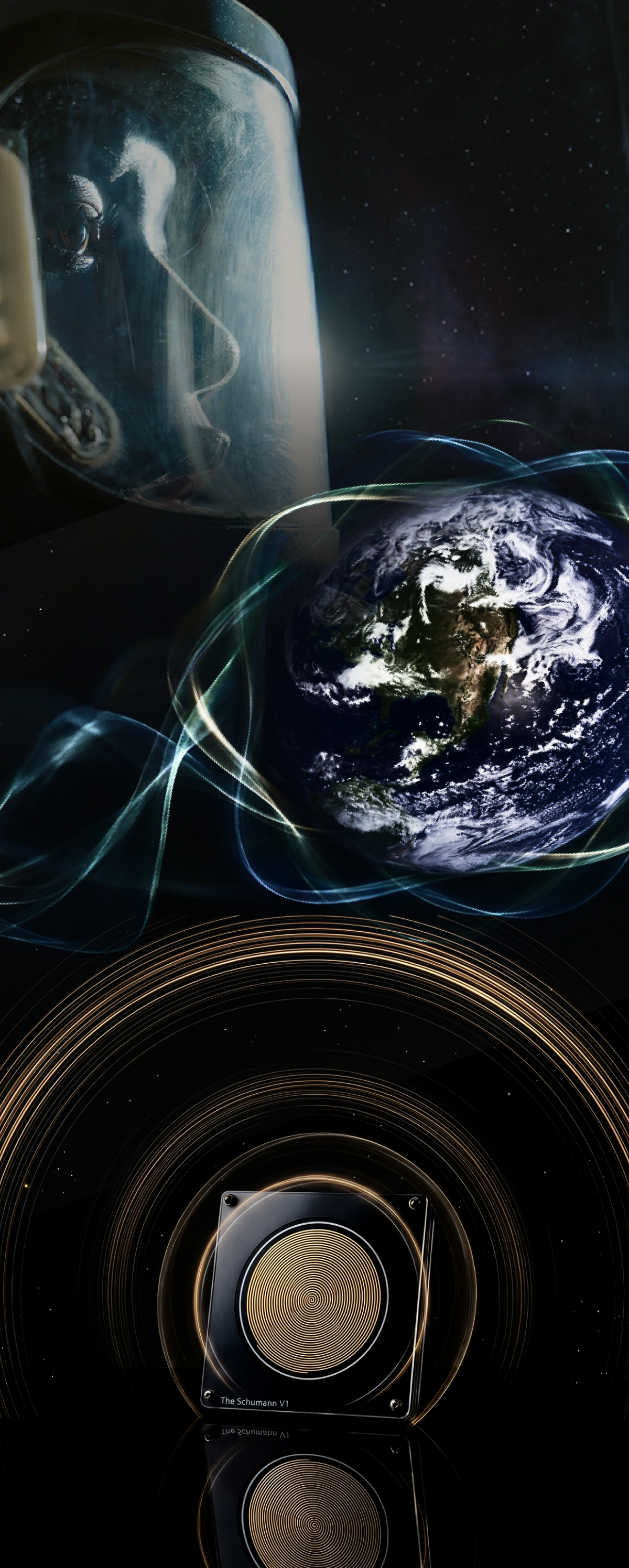 Astronaut, Earth wrapped in the Schumann resonance field, and The Schumann V1 device