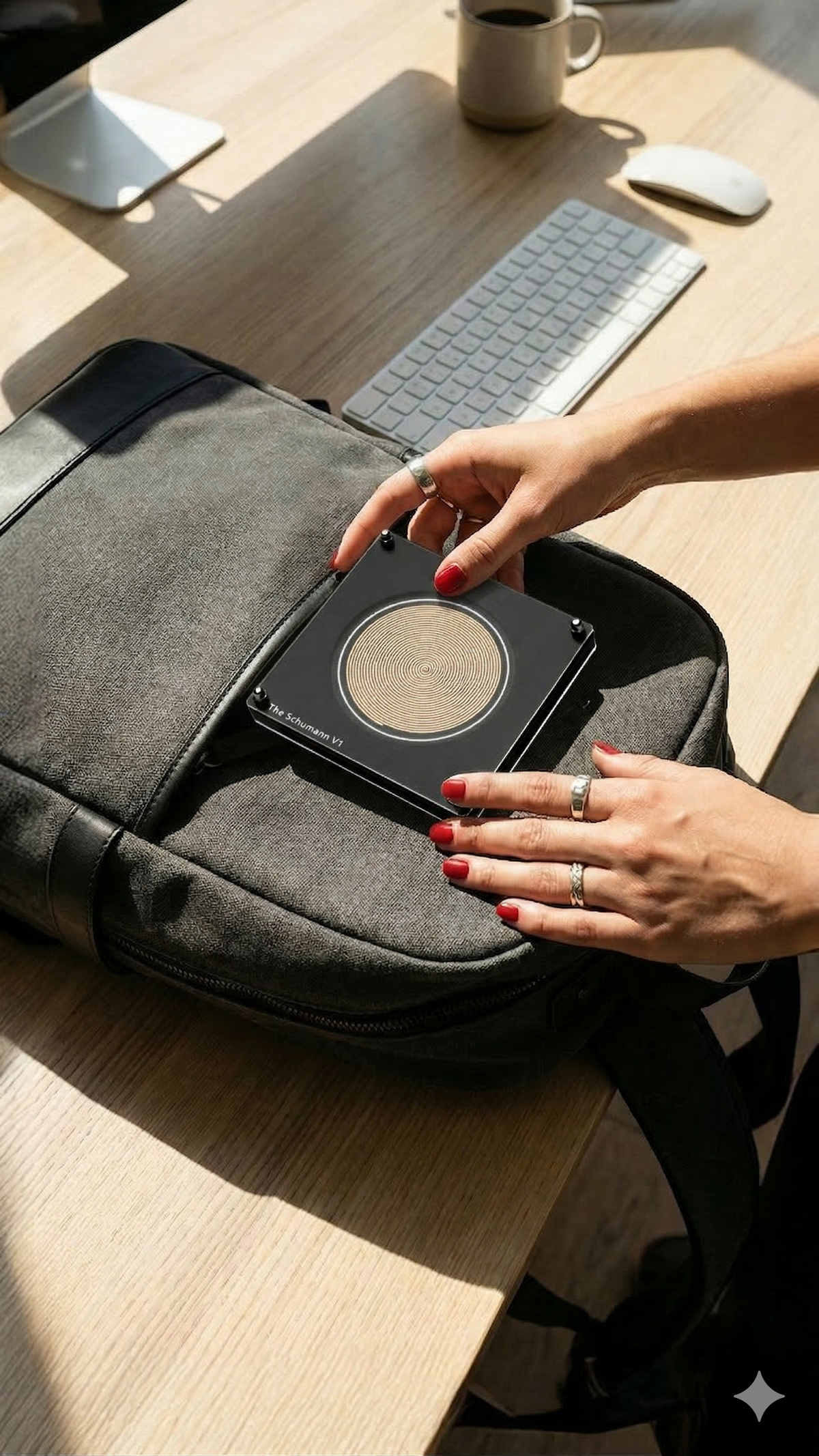 A hand slipping the Schumann V1 into a backpack pocket on a desk