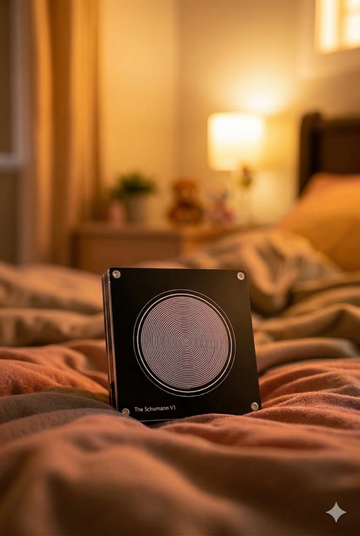 The Schumann V1 resting on a bed in a warmly lit bedroom