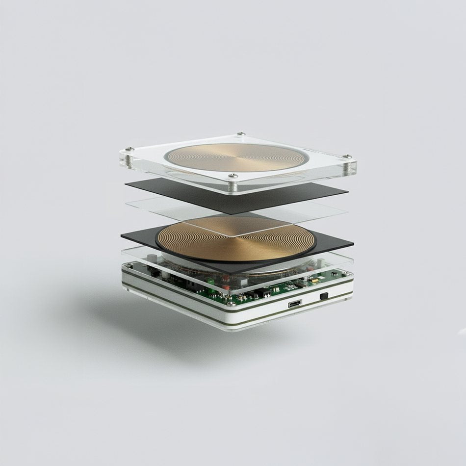 Exploded view of a Schumann device showing the wound coil between its layers